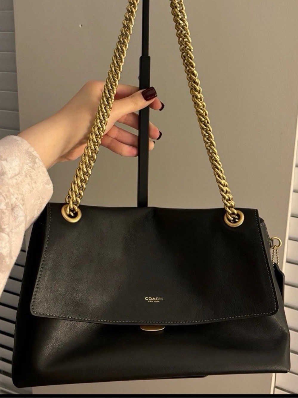 Coach Black Leather Shoulder Bag with Gold Chain Handles